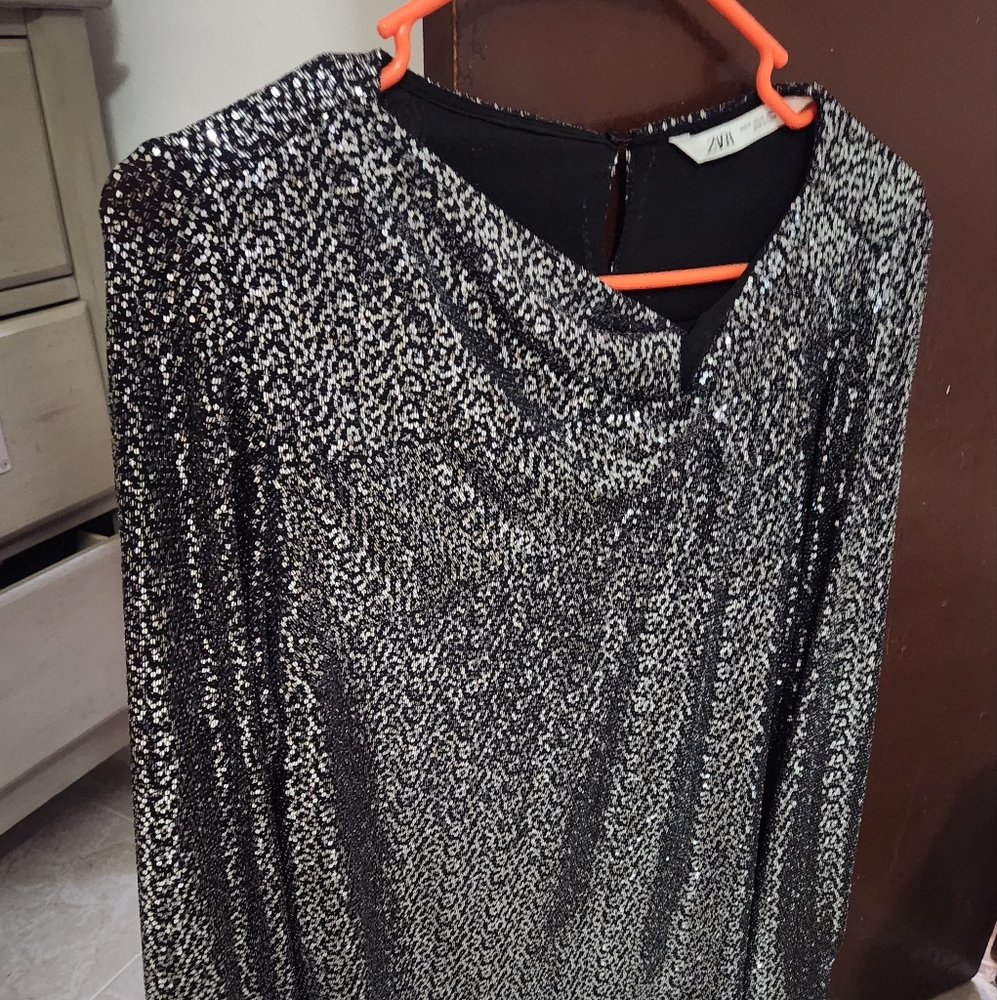 Zara Black and Silver Sequin Cowl Neck Dress